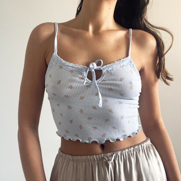 Pastel baby blue floral cropped ribbed lace trim cami and cardigan set | Size S - Picture 2 of 8